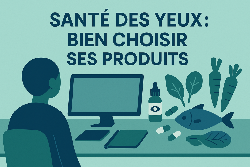 Illustration de produits pour la santé des yeux avec collyre gélules et aliments