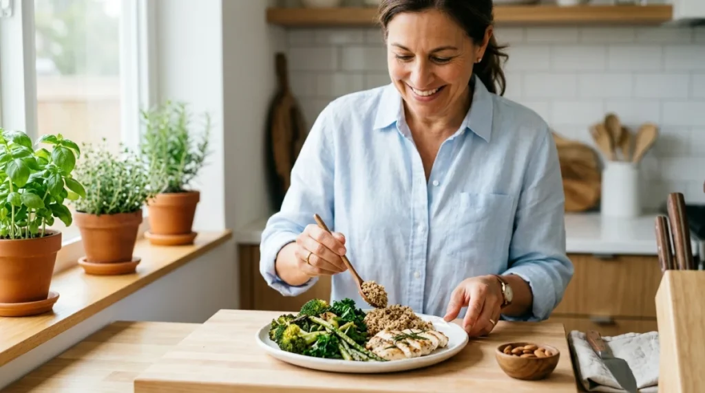 Personne préparant une assiette équilibrée de légumes et protéines, un remède de grand-mère pour faire baisser la glycémie.