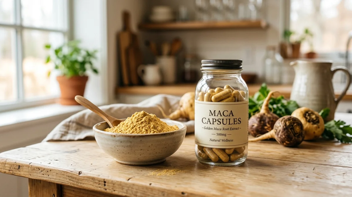 Bol de poudre de maca et gélules sur une table en bois pour illustrer les effets du maca.