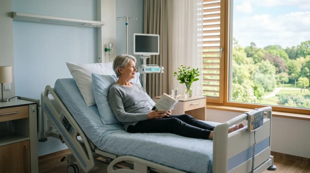Patient convalescent se reposant sereinement dans une chambre d'hôpital moderne après une embolie pulmonaire.