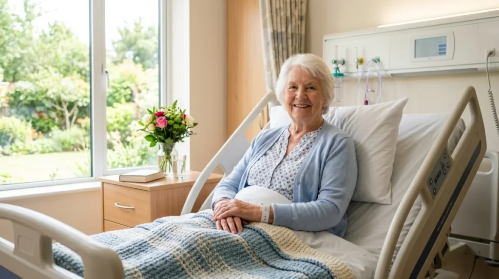 Personne âgée souriante et sereine récupérant dans une chambre d'hôpital après une fracture du fémur.