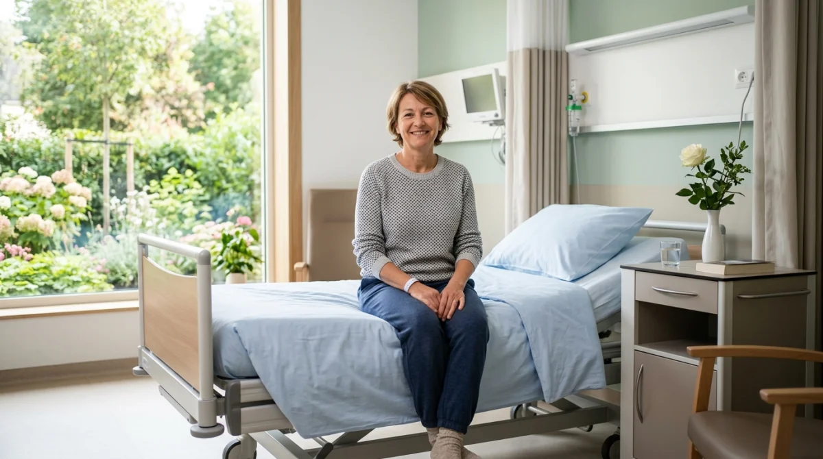 Femme souriante et sereine en convalescence dans une chambre d'hôpital moderne après une hystérectomie.