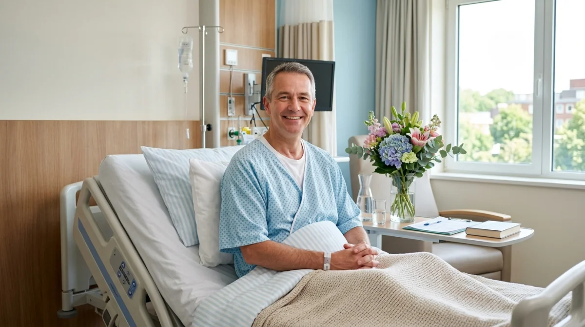 Patient souriant et rétabli dans une chambre d'hôpital après une pose de pacemaker, illustrant la durée d'hospitalisation.