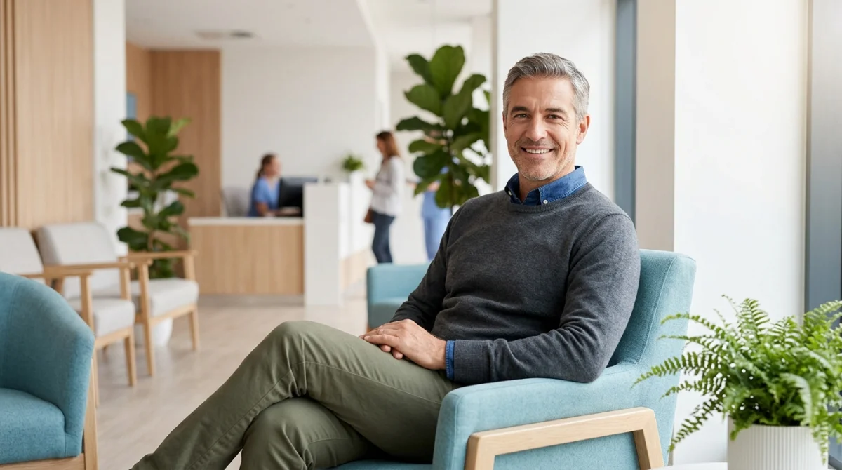 Homme serein attendant dans une salle d'hôpital moderne après une biopsie de la prostate, environnement apaisant et rassurant.