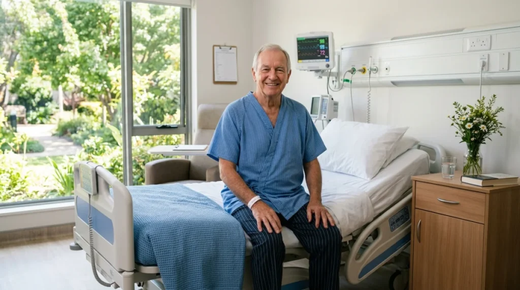 Patient souriant assis sur un lit médicalisé après une opération du canal lombaire étroit en convalescence sereine.
