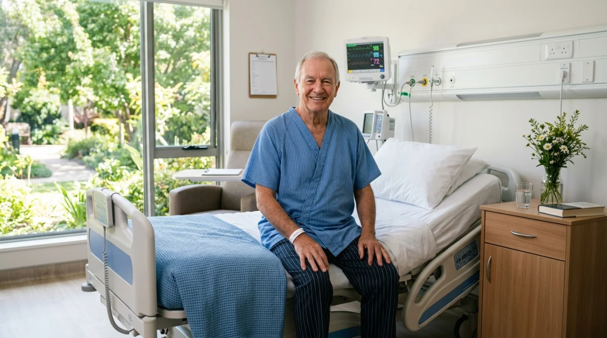 Patient souriant assis sur un lit médicalisé après une opération du canal lombaire étroit en convalescence sereine.