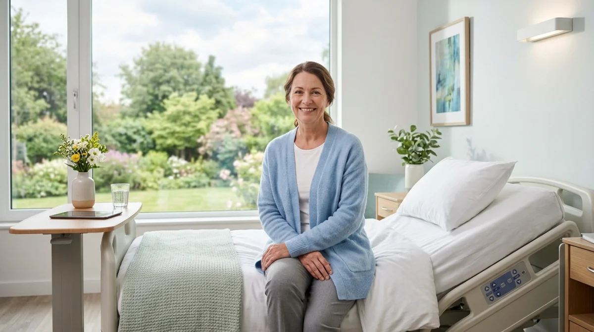 Patiente souriante et sereine en convalescence dans une chambre d'hôpital moderne après une opération fibrome durée hospitalisation.