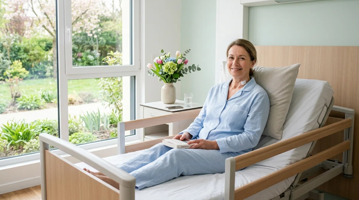 Patiente sereine en convalescence dans une chambre d'hôpital après une opération de la thyroïde réussie.