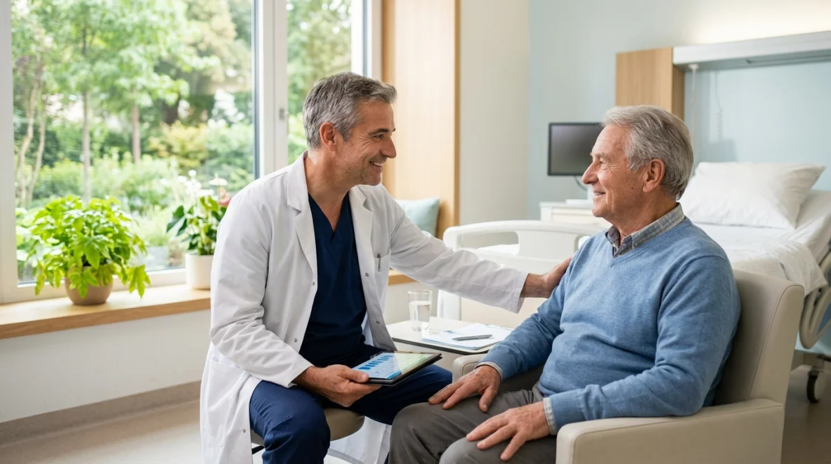 Médecin rassurant discutant avec un patient en chambre d'hôpital pour évoquer la durée hospitalisation pancréatite.