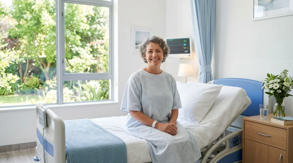 Patient souriant reposé dans une chambre d'hôpital lumineuse après une coronarographie pour une hospitalisation sereine.