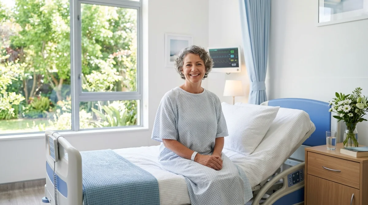 Patient souriant reposé dans une chambre d'hôpital lumineuse après une coronarographie pour une hospitalisation sereine.