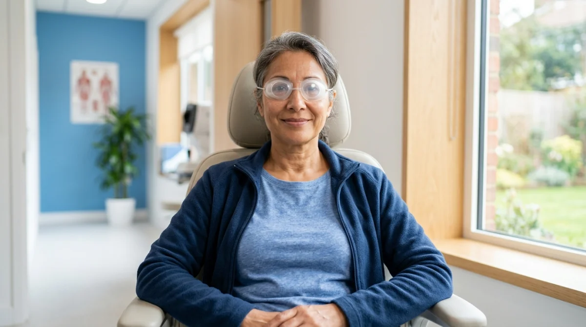 Patient serein portant une protection oculaire après une opération pour réduire la durée hospitalisation décollement rétine.