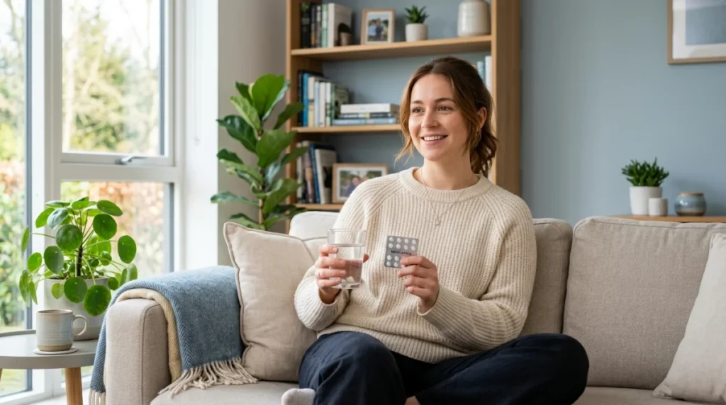 Personne soulagée tenant un verre d'eau et de l'Imodium dans un salon lumineux pour un rétablissement rapide.