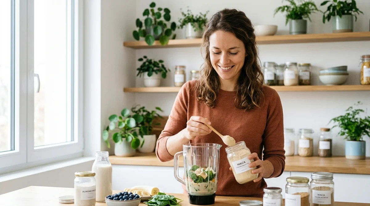 Personne souriante préparant un smoothie à la poudre de maca dans une cuisine lumineuse pour booster sa vitalité.