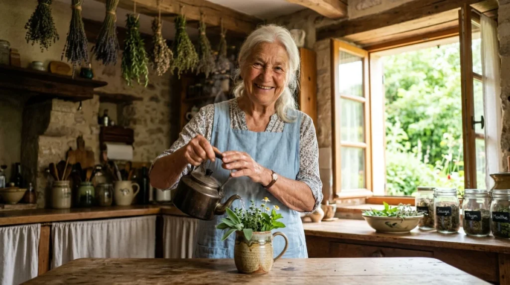 Personne âgée préparant une infusion naturelle comme remède de grand-mère pour faire baisser les gamma GT.