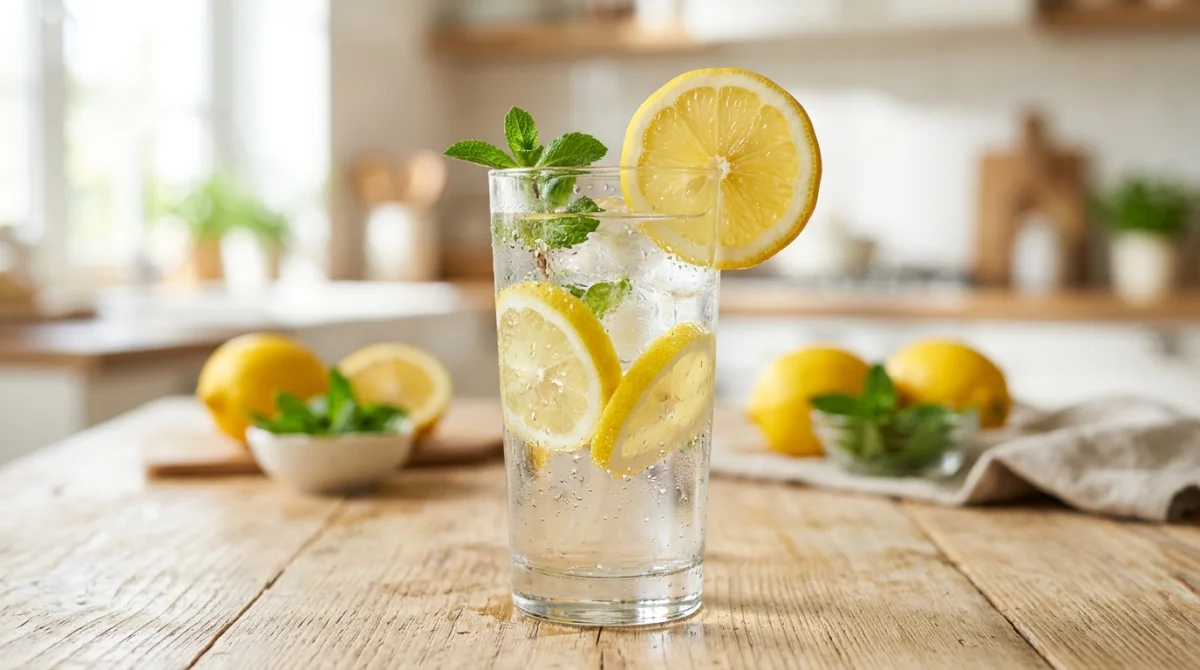 Verre d'eau citronnée fraîche sur une table en bois, remède de grand-mère naturel pour faire baisser les gamma GT.