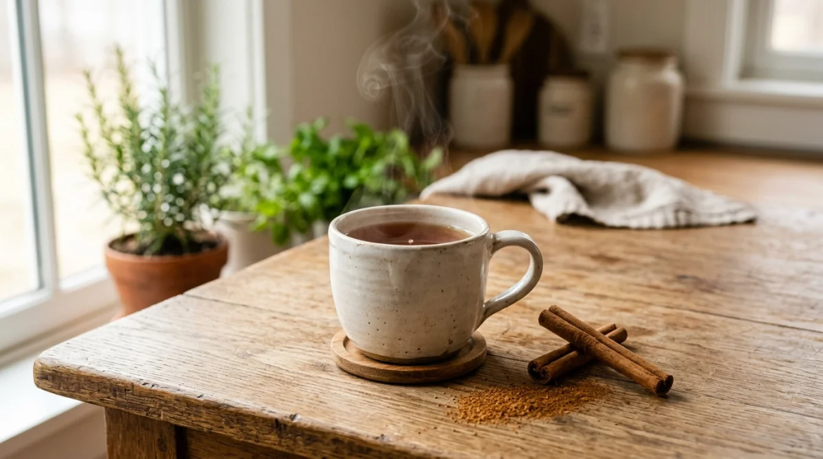 Tisane à la cannelle fumante sur une table en bois, remède de grand-mère naturel pour faire baisser la glycémie.