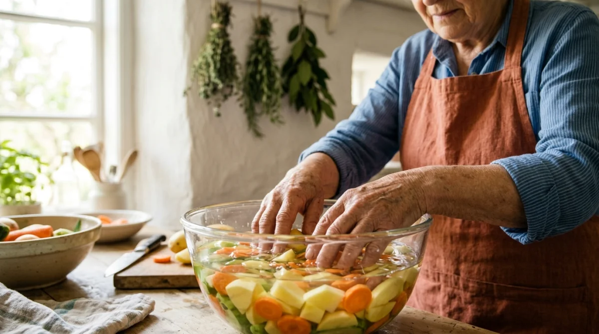 Mains âgées préparant des légumes dans l'eau, un remède de grand-mère efficace pour faire baisser le potassium naturellement.