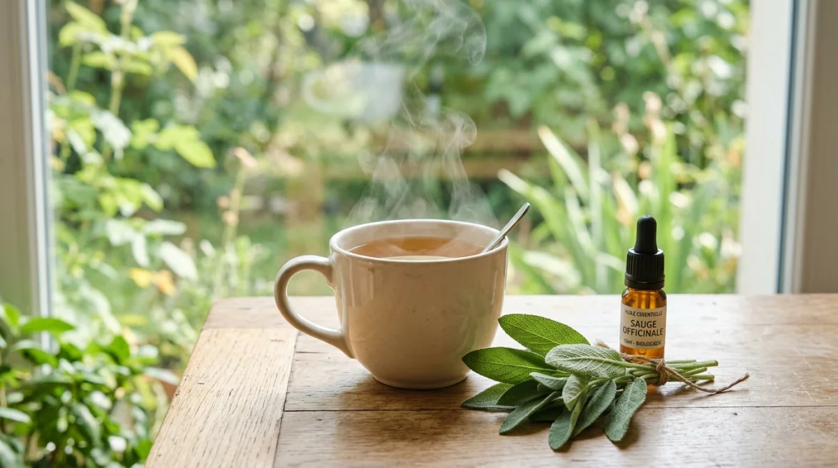 Tisane fumante et feuilles de sauge fraîche, un remède de grand-mère naturel contre les bouffées de chaleur.