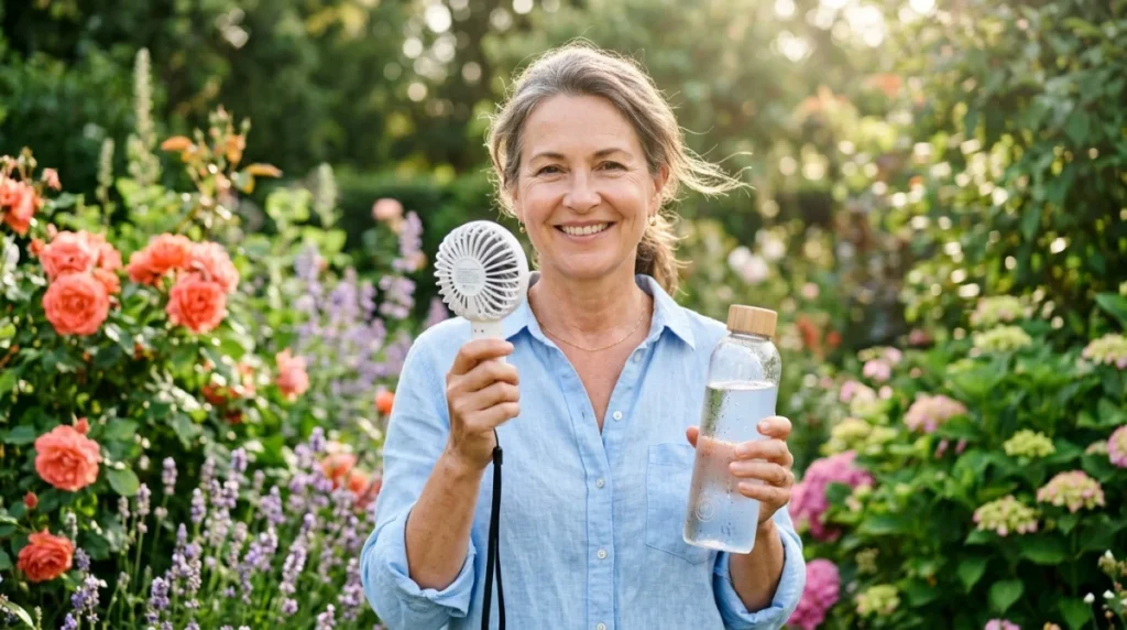 Femme souriante utilisant un ventilateur et de l'eau fraîche dans un jardin, remède de grand-mère contre les bouffées de chaleur.