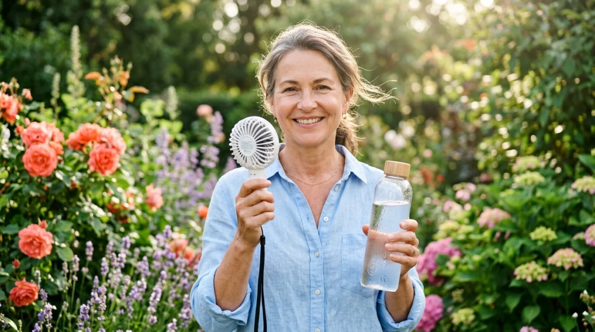Femme souriante utilisant un ventilateur et de l'eau fraîche dans un jardin, remède de grand-mère contre les bouffées de chaleur.