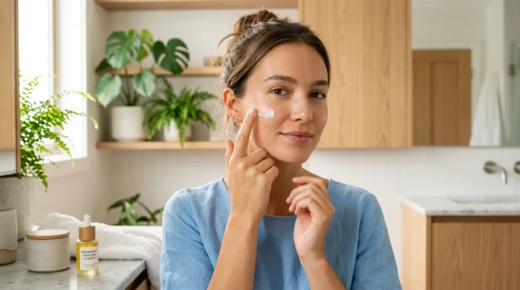 Jeune femme appliquant délicatement une crème dermatologique sur sa joue dans une salle de bain moderne et lumineuse.