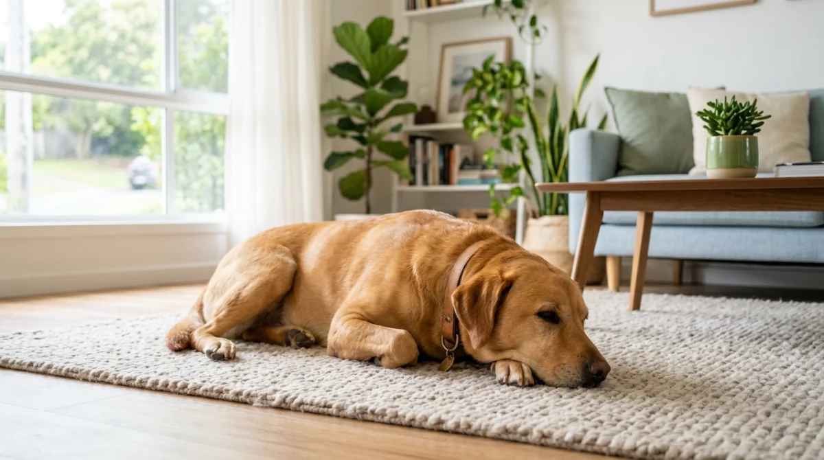 Chien calme et détendu sur un tapis, illustrant l'apaisement ressenti après avoir pris du Zylkène.