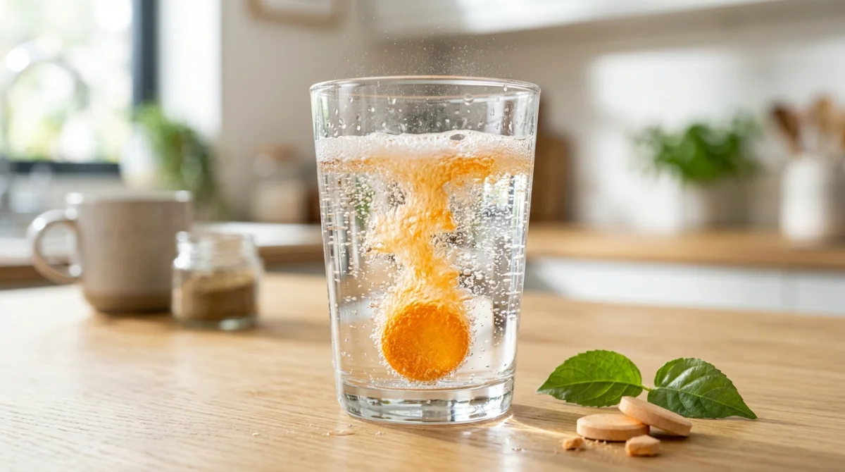 Comprimé effervescent Berocca se dissolvant dans un verre d'eau pour illustrer le délai d'action énergétique.