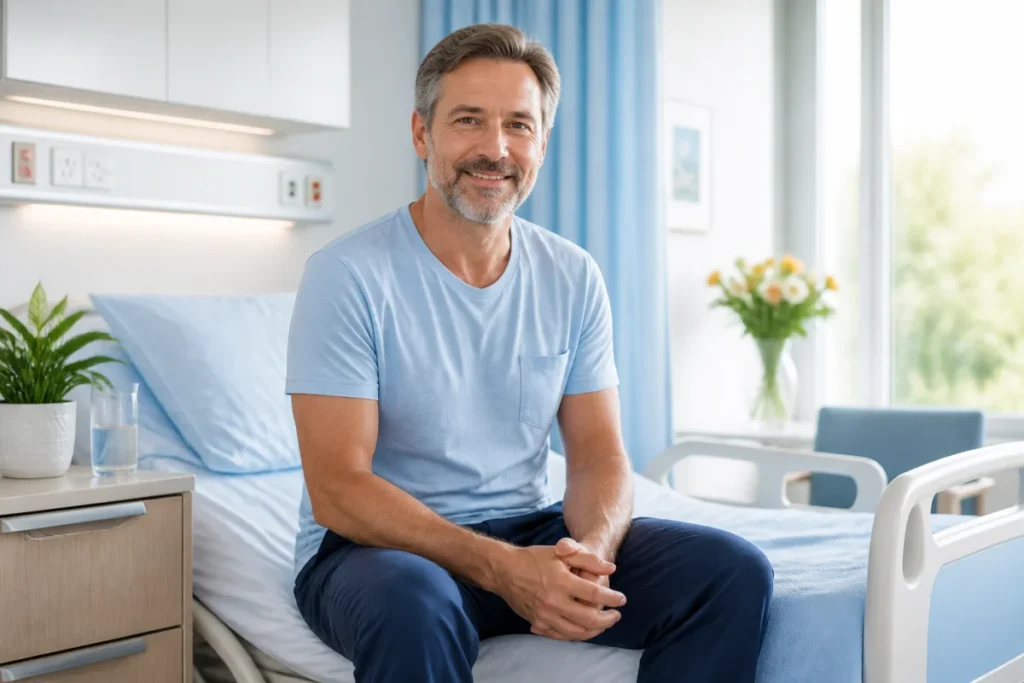 Patient en convalescence dans une chambre d'hôpital lumineuse, illustrant le processus de guérison après une septicémie durée hospitalisation.