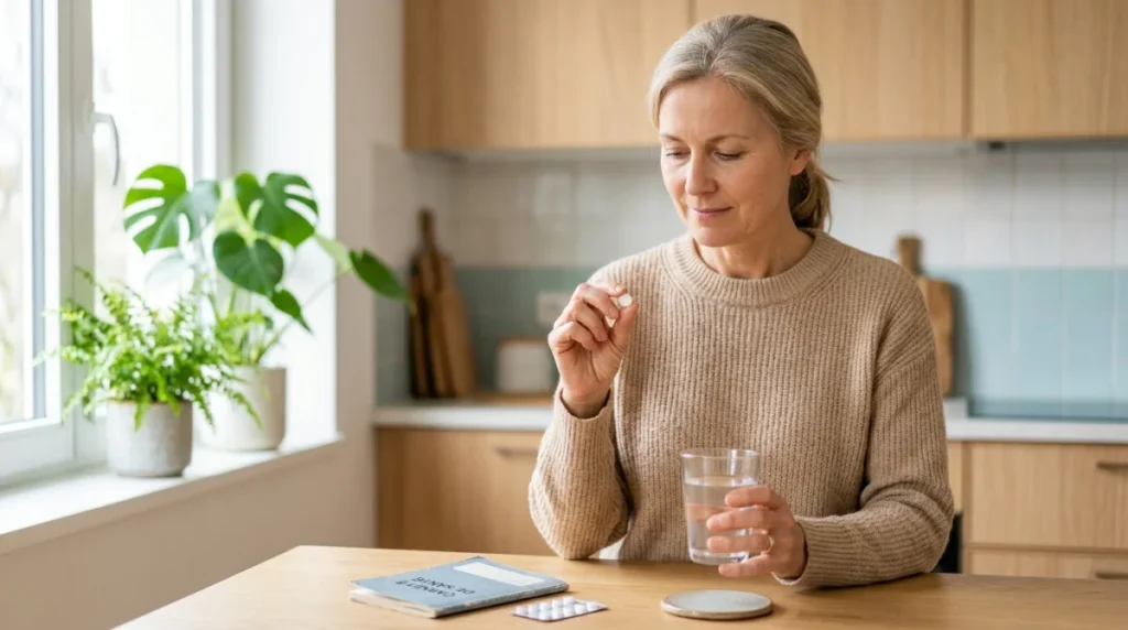 Personne prenant un comprimé de Ristabil avec un verre d'eau dans une cuisine lumineuse pour illustrer son efficacité.