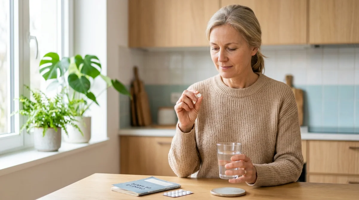Personne prenant un comprimé de Ristabil avec un verre d'eau dans une cuisine lumineuse pour illustrer son efficacité.