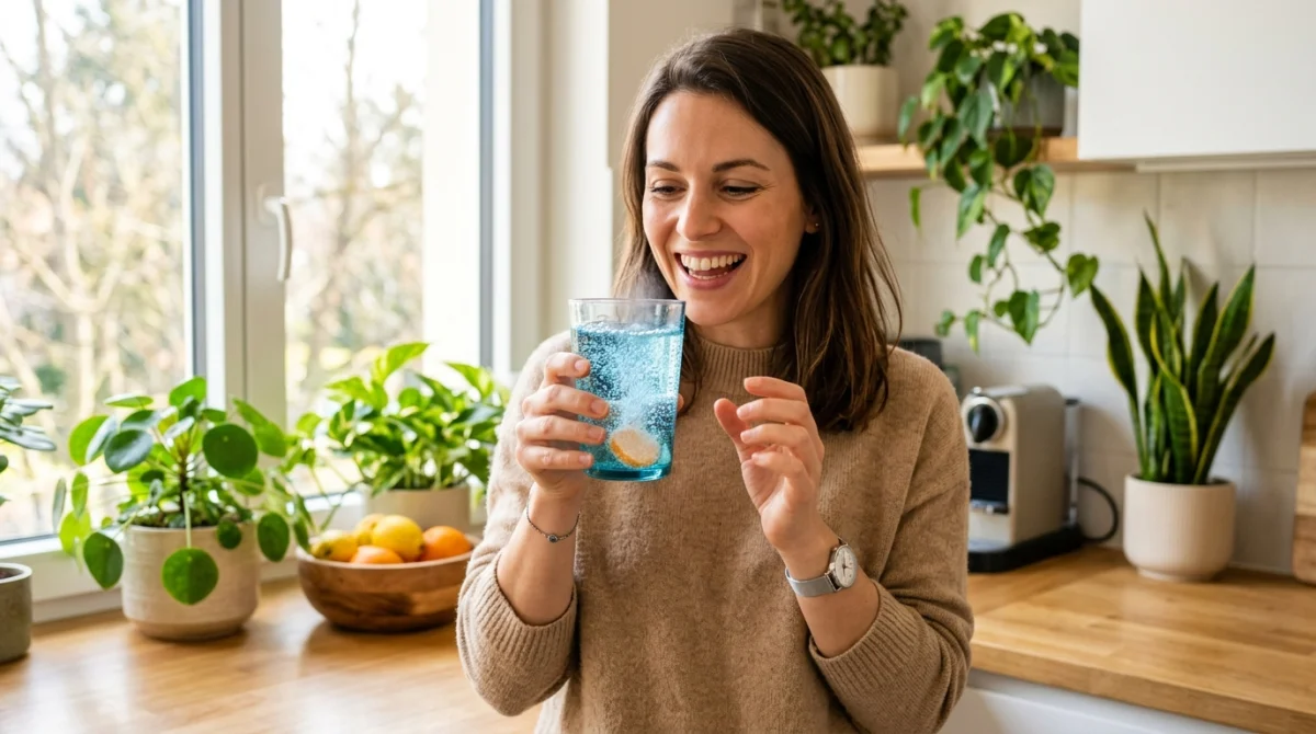 Personne souriante préparant un comprimé effervescent Berocca dans une cuisine lumineuse pour booster son énergie matinale.