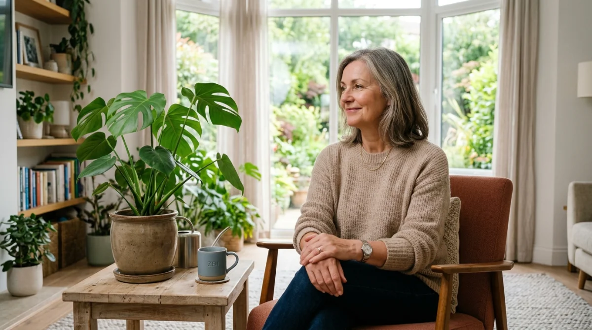 Personne sereine observant une plante dans un salon lumineux, illustrant la patience nécessaire pour ressentir les effets du Risperdal.
