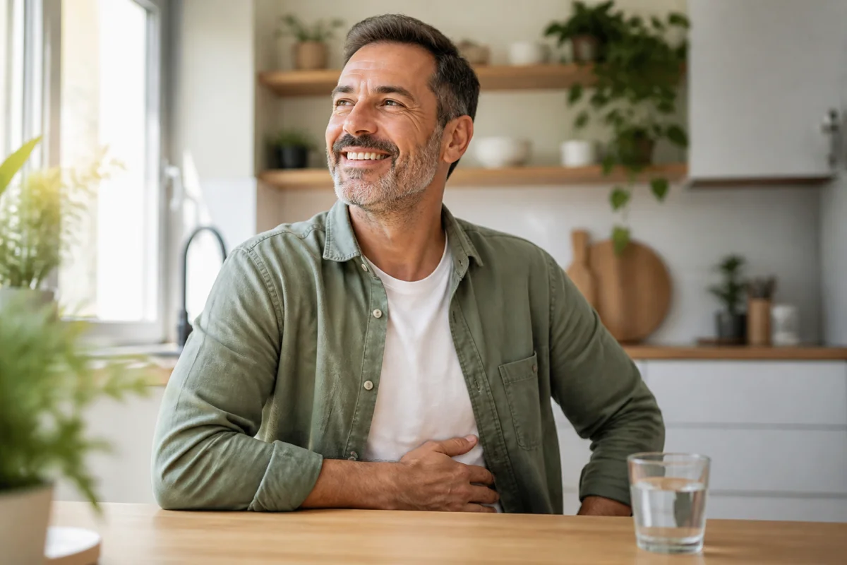 Personne souriante et détendue dans une cuisine lumineuse, illustrant le soulagement après la prise d'ésoméprazole 40 mg.