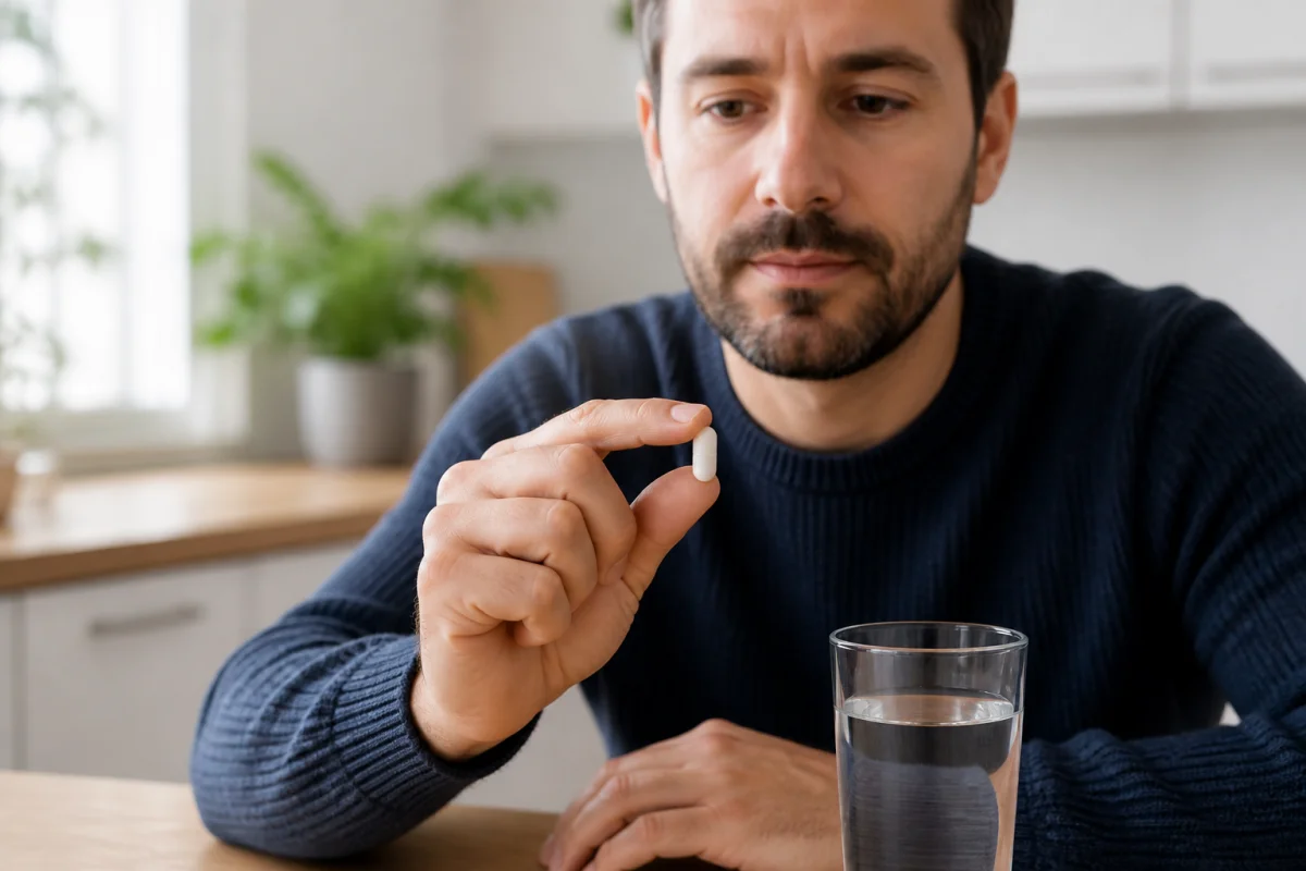 Personne tenant une gélule d'ésoméprazole 40 mg dans une cuisine lumineuse pour illustrer le délai d'action du médicament.