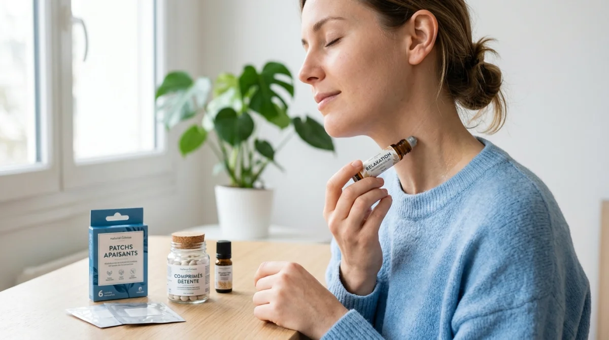 Personne appliquant un roll-on Myocalm sur sa nuque pour un soulagement rapide, entourée de produits de soin apaisants.