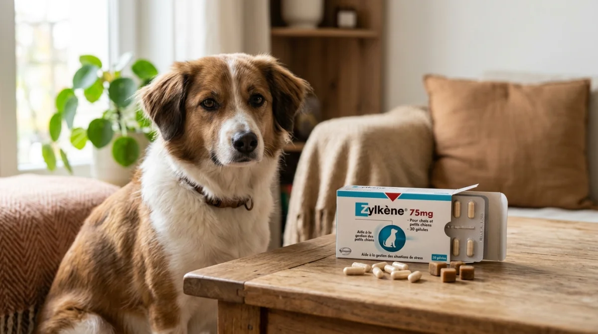Chien calme et détendu à côté d'une boîte de Zylkène pour illustrer les effets du produit apaisant.