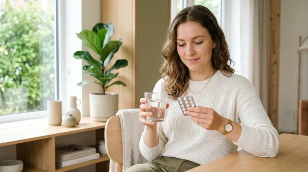 Jeune femme sereine tenant une plaquette de pilule et un verre d'eau pour illustrer quand la pilule fait effet.