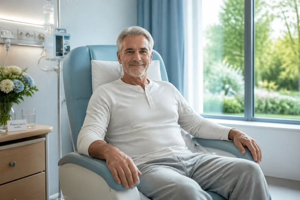 Patient serein se reposant dans une chambre d'hôpital lumineuse après une hospitalisation pour œdème pulmonaire.