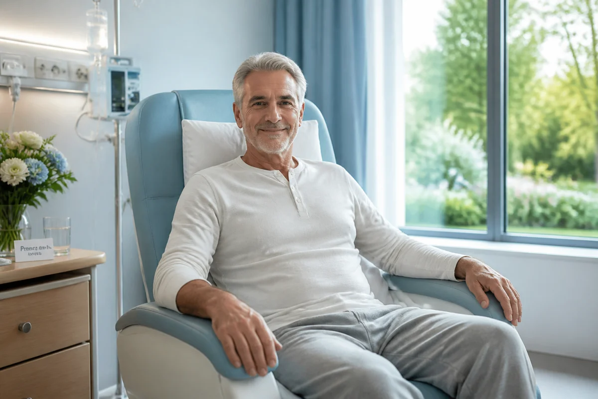 Patient serein se reposant dans une chambre d'hôpital lumineuse après une hospitalisation pour œdème pulmonaire.