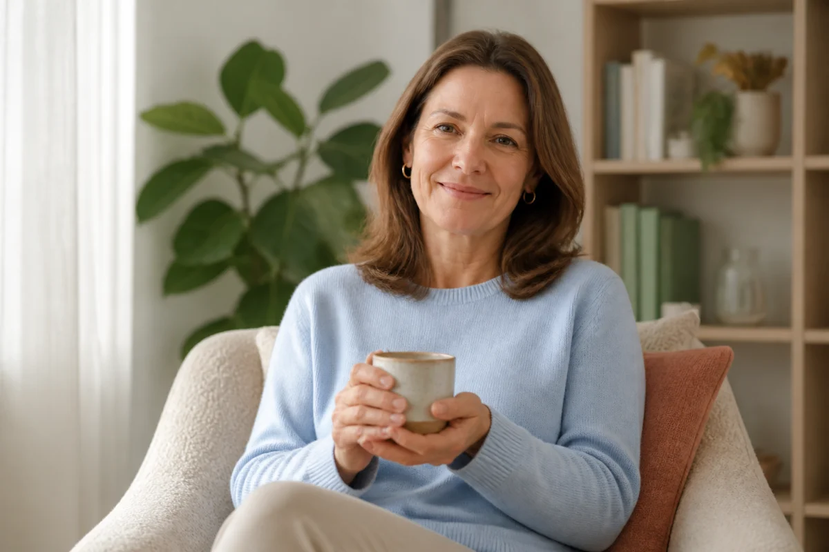 Femme sereine et souriante dans un salon lumineux, illustrant le bien-être retrouvé après un traitement par Anafranil.