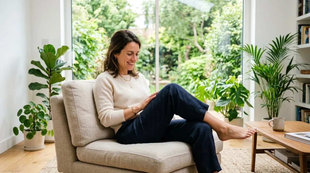 Femme détendue admirant ses jambes légères dans un salon lumineux, illustrant les bienfaits de la vigne rouge.