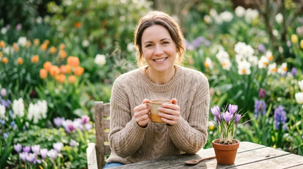 Femme sereine souriant avec une tasse fumante près d'un crocus pour illustrer les effets apaisants du safran.