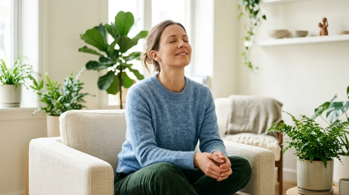 Personne sereine et détendue dans un intérieur lumineux, illustrant le bien-être après l'effet de la fluoxétine.