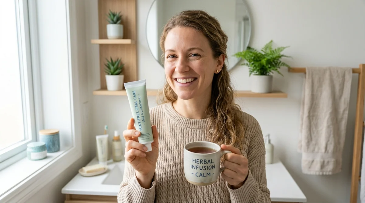 Personne souriante dans une salle de bain tenant des produits naturels pour illustrer l'homéopathie effet au bout de combien de temps.