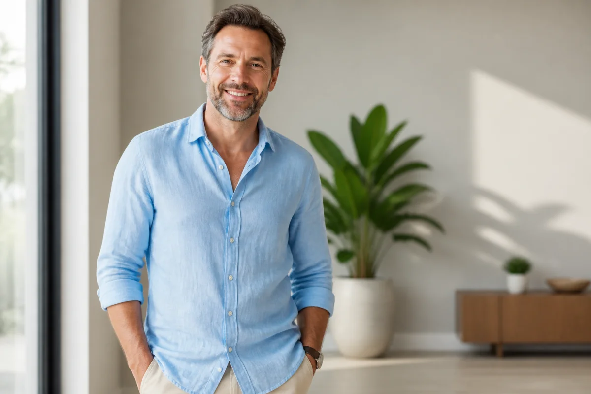 Homme confiant et détendu en chemise bleue dans un intérieur lumineux, évoquant le regain de vitalité et bien-être.
