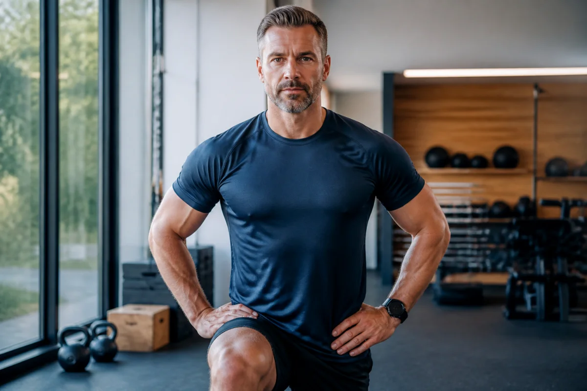 Homme athlétique en salle de sport, illustrant la progression physique liée aux effets de l'Androtardyl sur le corps.