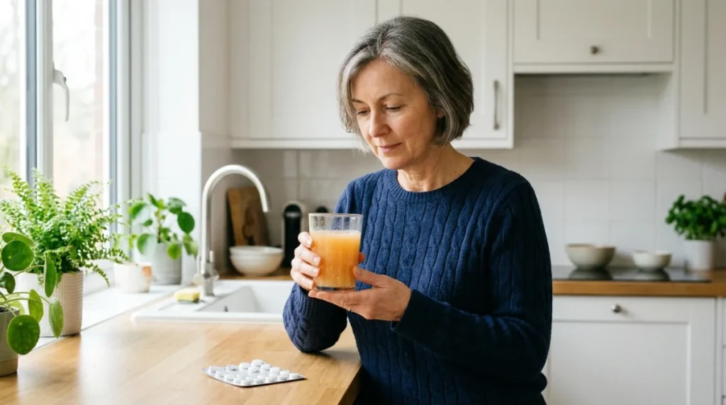 Personne d'âge mûr tenant un verre de jus de pamplemousse à côté d'une boîte de lercanidipine dans une cuisine.