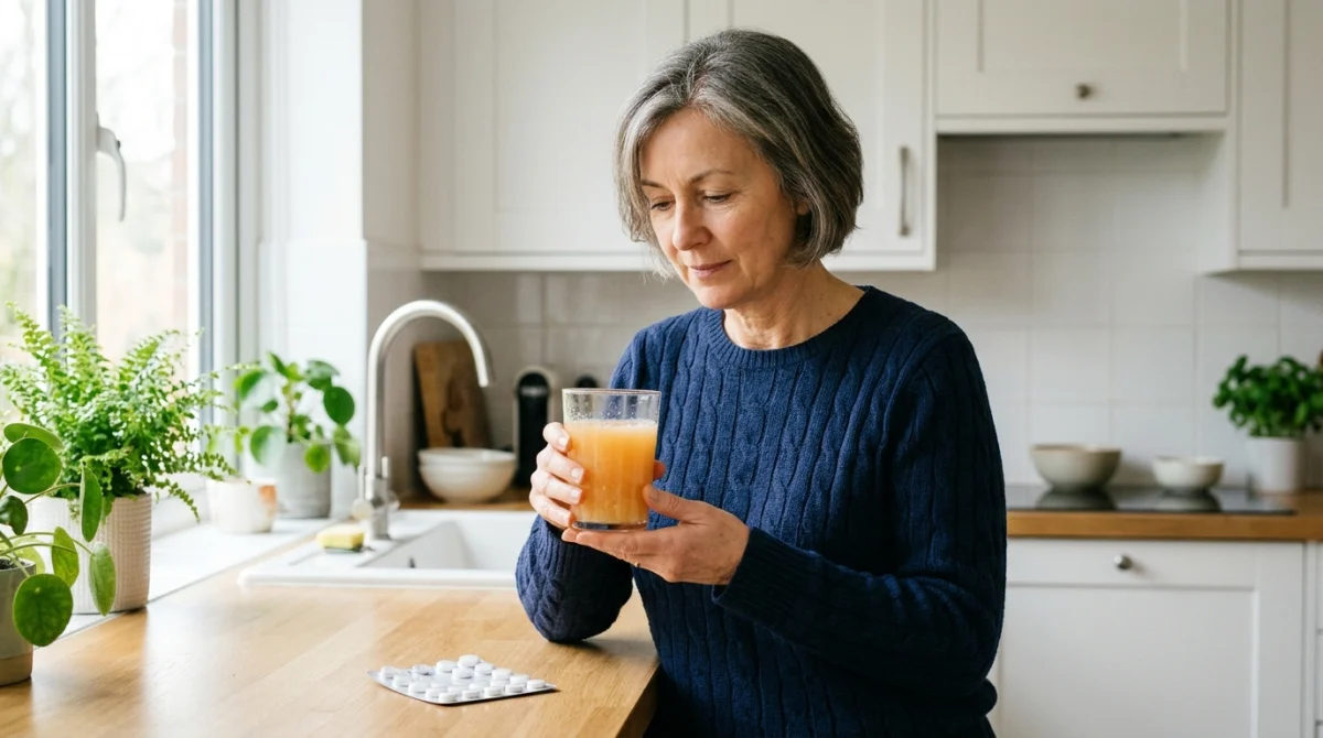 Personne d'âge mûr tenant un verre de jus de pamplemousse à côté d'une boîte de lercanidipine dans une cuisine.