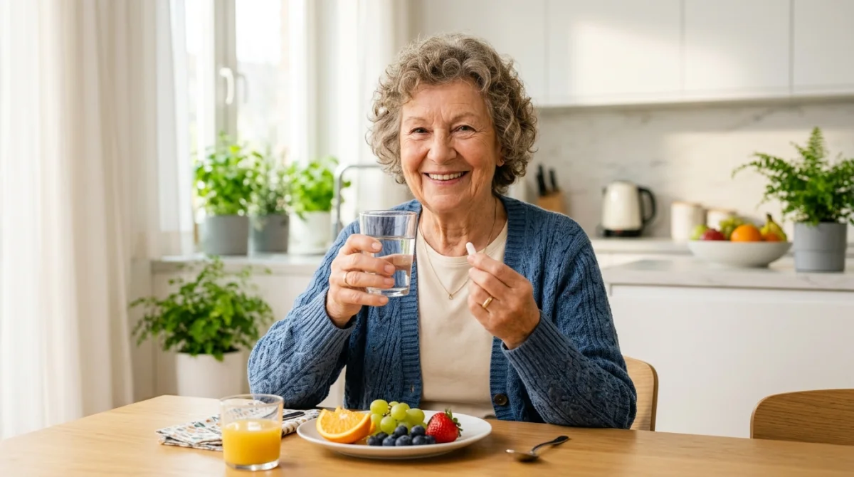 Personne âgée souriante prenant sa pilule de lercanidipine lors d'un petit-déjeuner sain dans une cuisine lumineuse.